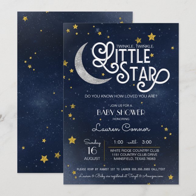 Invitation Twinkle Little Star Baby shower neutre de genre (Devant / Derrière)