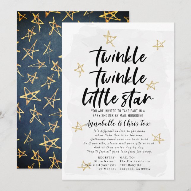 Invitation Twinkle Little Star Baby shower par courrier (Devant / Derrière)