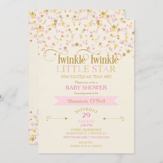 Invitation Twinkle Little Star Baby shower Rose Gold Creme (Devant / Derrière)