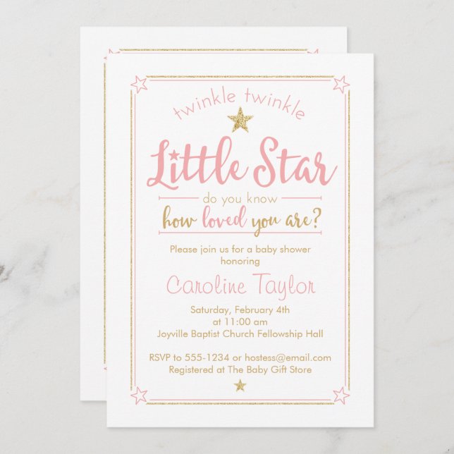 Invitation Twinkle Little Star Baby shower rose Or (Devant / Derrière)