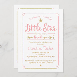 Invitation Twinkle Little Star Baby shower rose Or