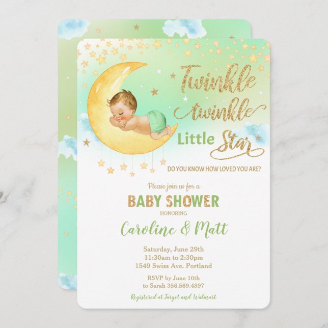 Invitation Twinkle Little Star Blonde Baby shower neutre (Devant / Derrière)