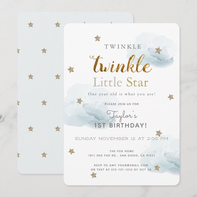 Invitation Twinkle Little Star Blue 1er anniversaire Invitati (Devant / Derrière)
