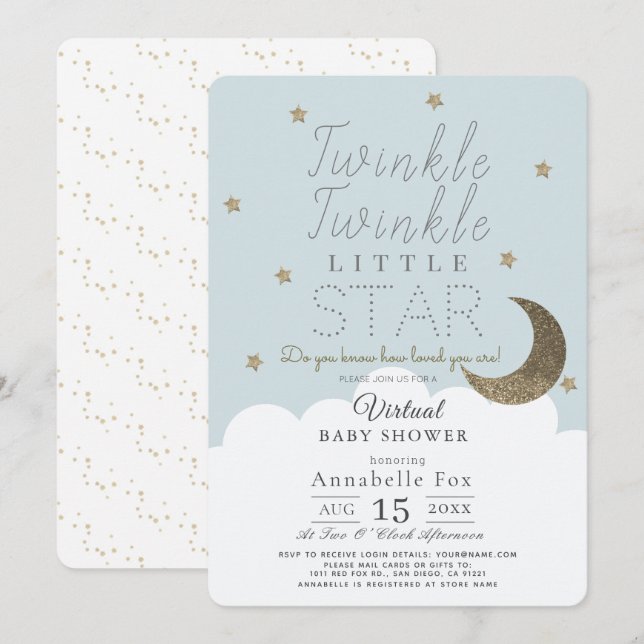 Invitation Twinkle Little Star Blue Boy Baby shower virtuel (Devant / Derrière)