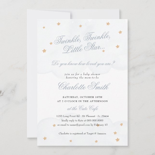 Invitation Twinkle Little Star Blue Cute Baby shower élégant (Devant)