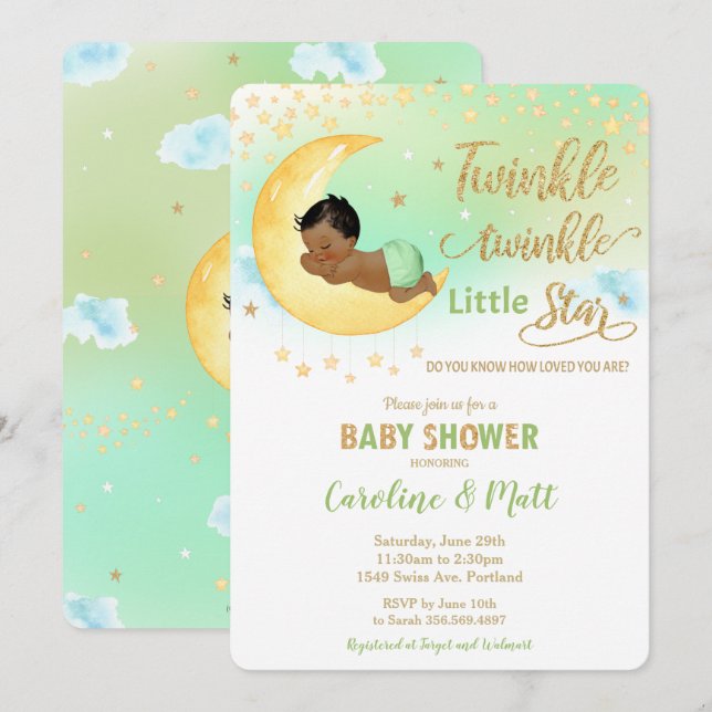 Invitation Twinkle Little Star Brown Tan Baby shower neutre  (Devant / Derrière)