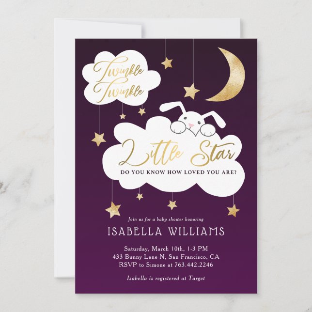 Invitation Twinkle Little Star Bunny Baby shower pourpre (Devant)