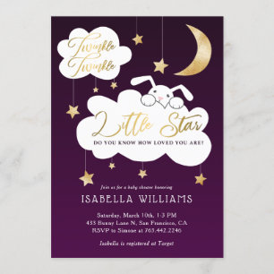 Invitation Twinkle Little Star Bunny Baby shower pourpre