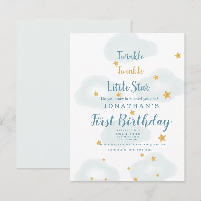 Invitation Twinkle Little Star & Cloud Baby shower (Devant / Derrière)
