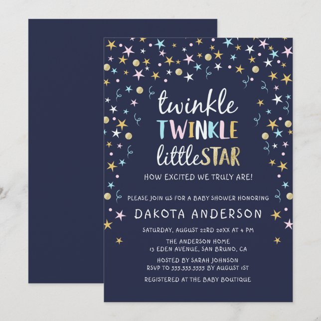 Invitation Twinkle Little Star Confetti & Blue Baby shower (Devant / Derrière)