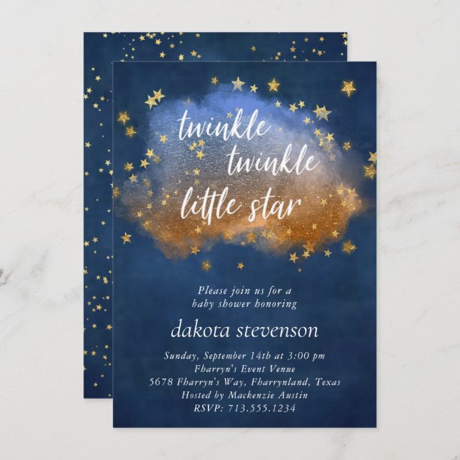 Invitation Twinkle Little Star | Cuivre bleu neutre et or (Devant / Derrière)