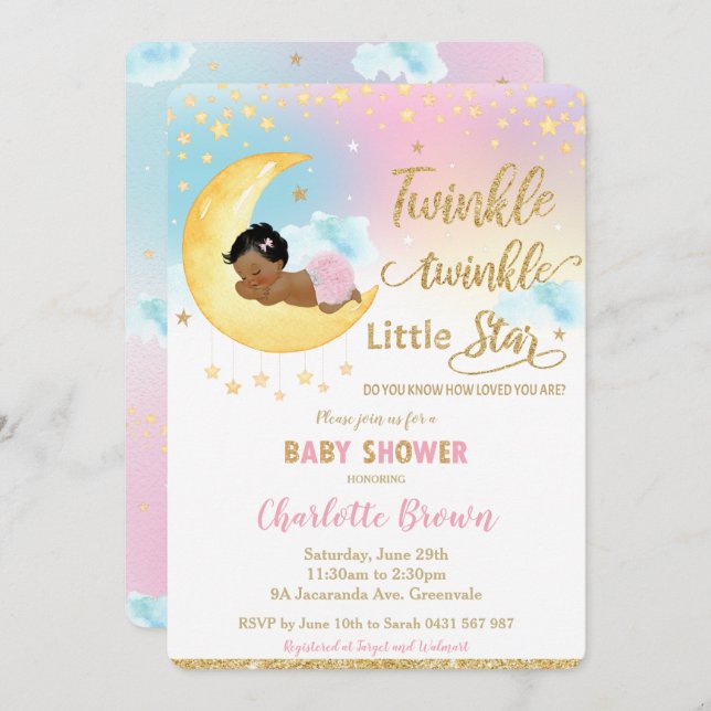 Invitation Twinkle Little Star Cute Little Girl Baby shower (Devant / Derrière)