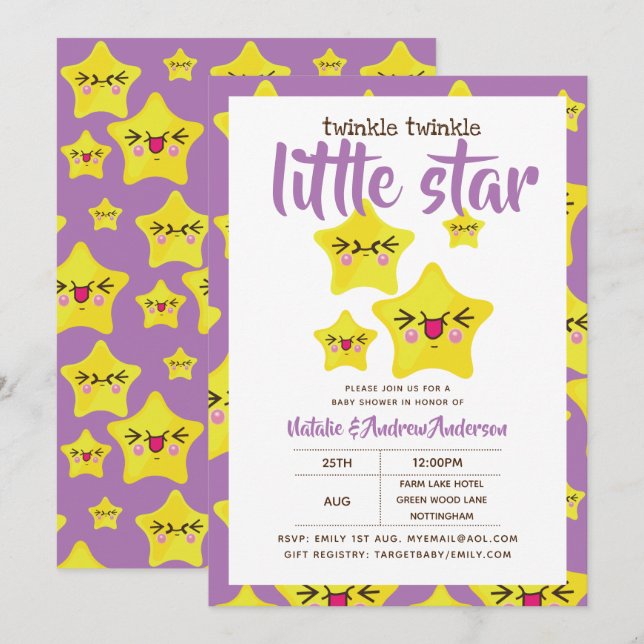 Invitation Twinkle Little Star Douche Purp Jaune moderne mign (Devant / Derrière)