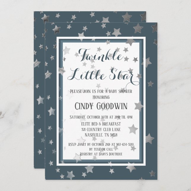 Invitation Twinkle Little Star Dusty Blue Boy Baby shower (Devant / Derrière)