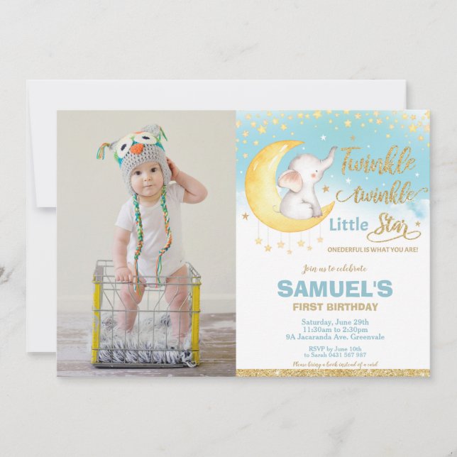 Invitation Twinkle Little Star Elephant 1er Anniversaire Phot (Devant)