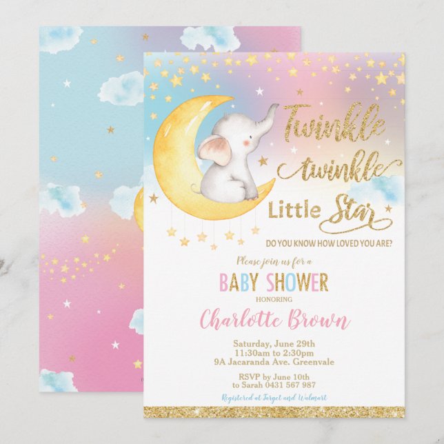 Invitation Twinkle Little Star Elephant Baby shower fille gar (Devant / Derrière)