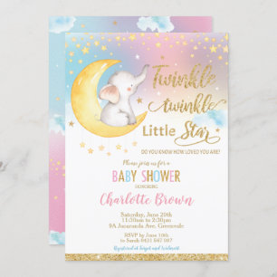 Invitation Twinkle Little Star Elephant Baby shower fille gar