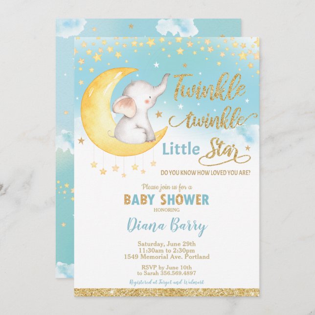 Invitation Twinkle Little Star Elephant Baby shower garçon (Devant / Derrière)