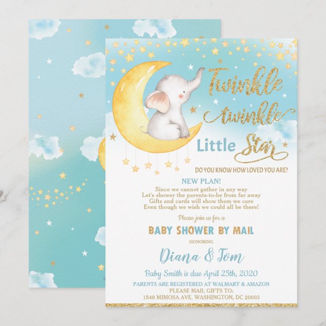Invitation Twinkle Little Star Elephant Baby shower par courr (Devant / Derrière)