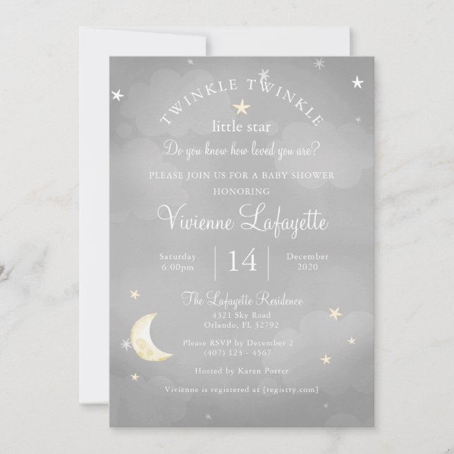 Invitation Twinkle Little Star et Moon Grey Baby shower (Devant)