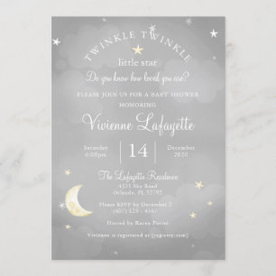 Invitation Twinkle Little Star et Moon Grey Baby shower
