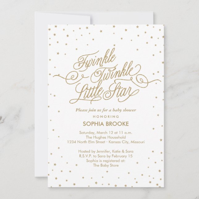Invitation Twinkle Little Star Fancy Gold & Baby shower blanc (Devant)