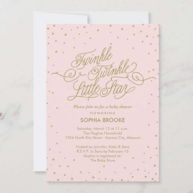 Invitation Twinkle Little Star Fancy Or et Rose Baby Shower (Devant)