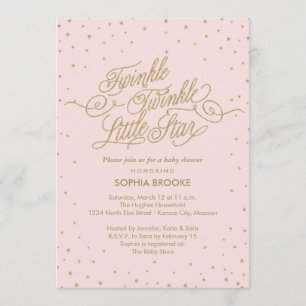 Invitation Twinkle Little Star Fancy Or et Rose Baby Shower