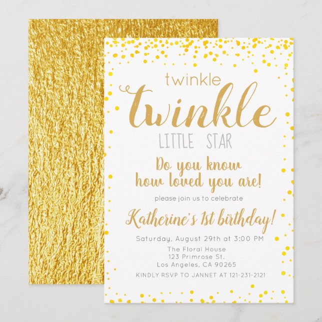 Invitation Twinkle Little Star Girls Gold Parties scintillant (Devant / Derrière)