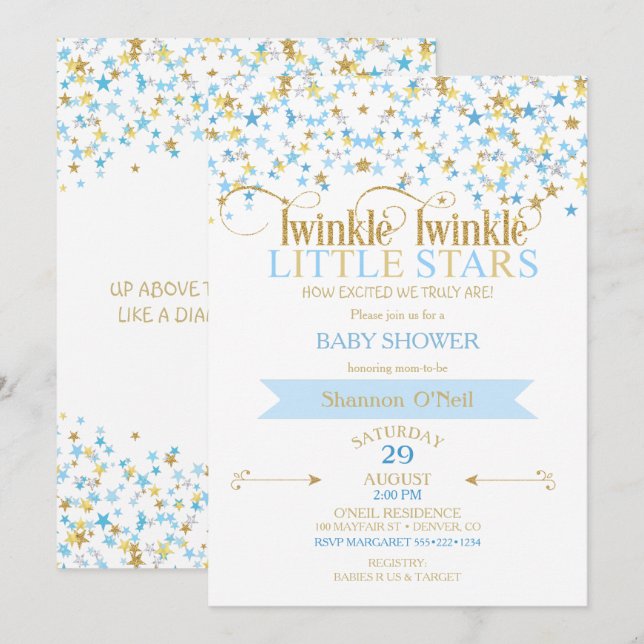 Invitation Twinkle Little Star Gold & Baby Blue Boy Twins (Devant / Derrière)