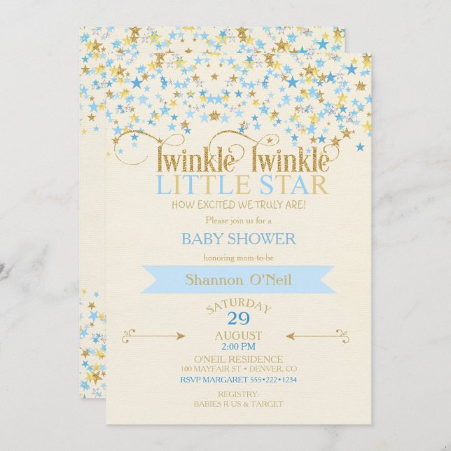 Invitation Twinkle Little Star Gold & Baby Blue Gold (Devant / Derrière)