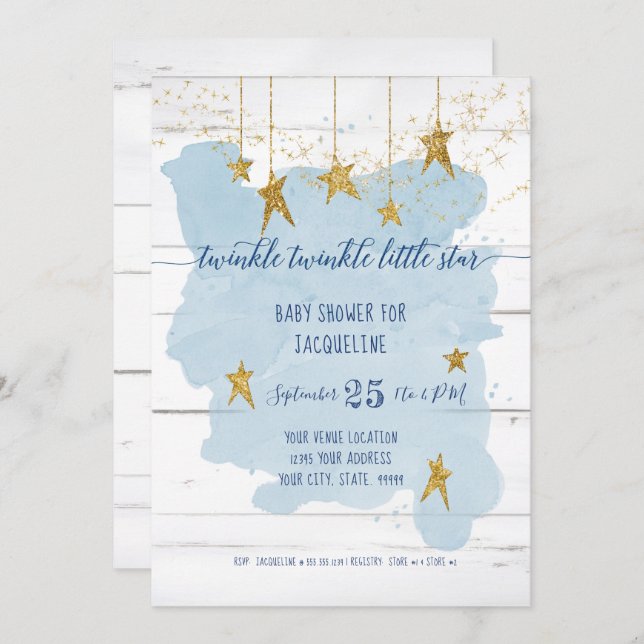 Invitation Twinkle Little Star Gold Baby shower garçon en boi (Devant / Derrière)