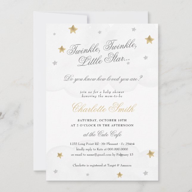 Invitation Twinkle Little Star Grey Gold Baby shower élégant (Devant)