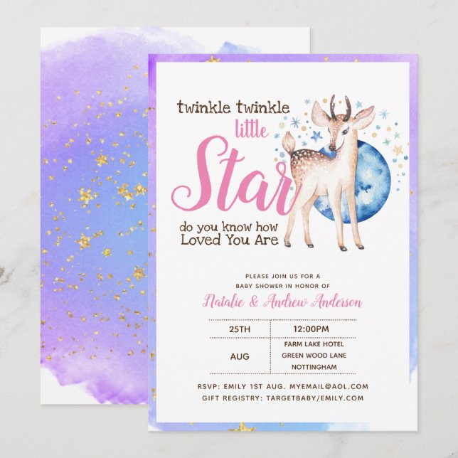 Invitation Twinkle Little Star Little Deer Pink Gold Modern (Devant / Derrière)