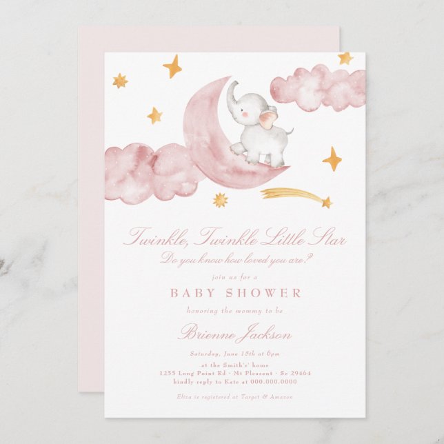 Invitation Twinkle Little Star Lune Baby shower fille rose (Devant / Derrière)