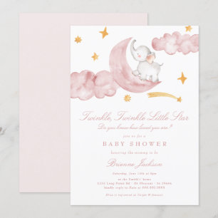 Invitation Twinkle Little Star Lune Baby shower fille rose