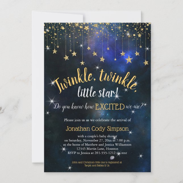 Invitation Twinkle Little Star Marine Baby shower Gold Galaxy (Devant)
