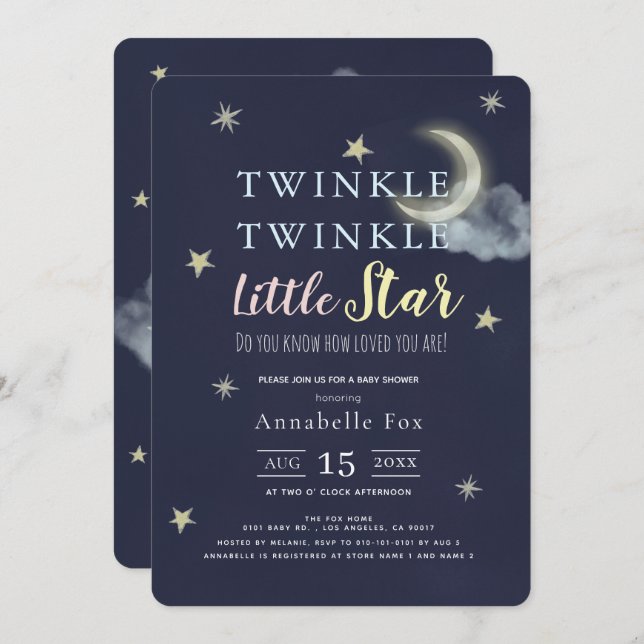 Invitation Twinkle Little Star Midnight Baby shower bleu (Devant / Derrière)