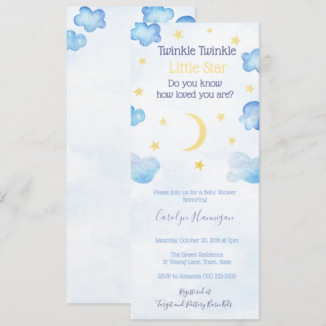 Invitation Twinkle Little Star Moon Nuages Sky Baby shower (Devant / Derrière)