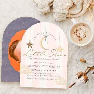 Invitation Twinkle Little Star Rayure Rose Photo 1er Annivers
