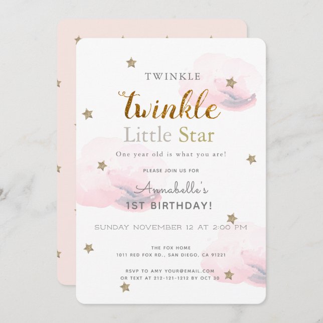 Invitation Twinkle Little Star rose 1er anniversaire Invitati (Devant / Derrière)
