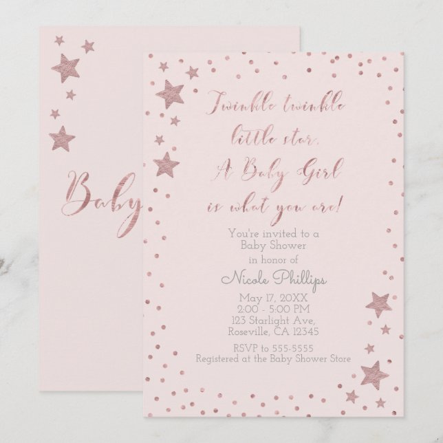 Invitation Twinkle Little Star Rose Baby shower Gold Girl (Devant / Derrière)