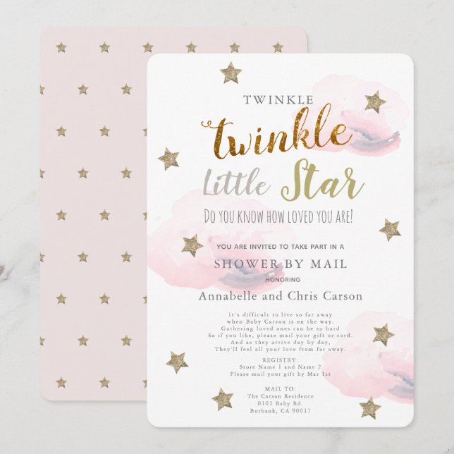 Invitation Twinkle Little Star Rose Cloud Baby shower par cou (Devant / Derrière)