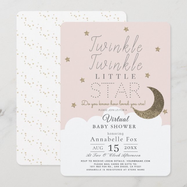 Invitation Twinkle Little Star Rose Girl Baby shower virtuel (Devant / Derrière)