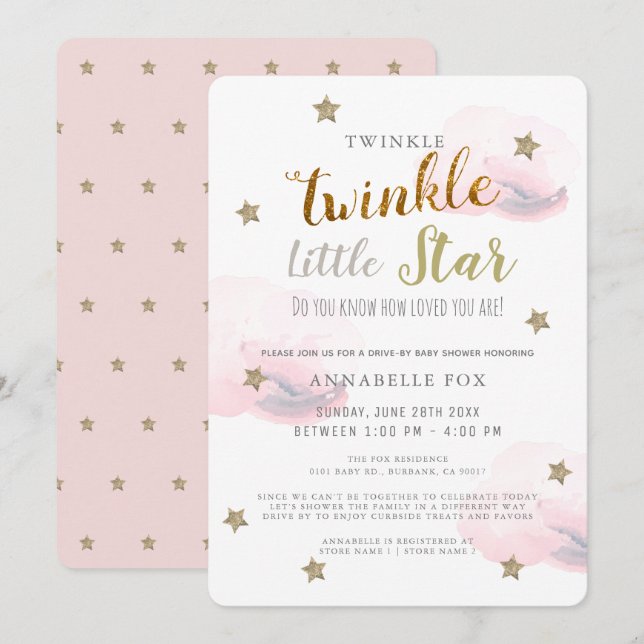 Invitation Twinkle Little Star Rose Girl Drive-by Baby shower (Devant / Derrière)
