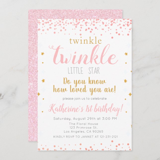 Invitation Twinkle Little Star Rose & Gold Girls 1er annivers (Devant / Derrière)