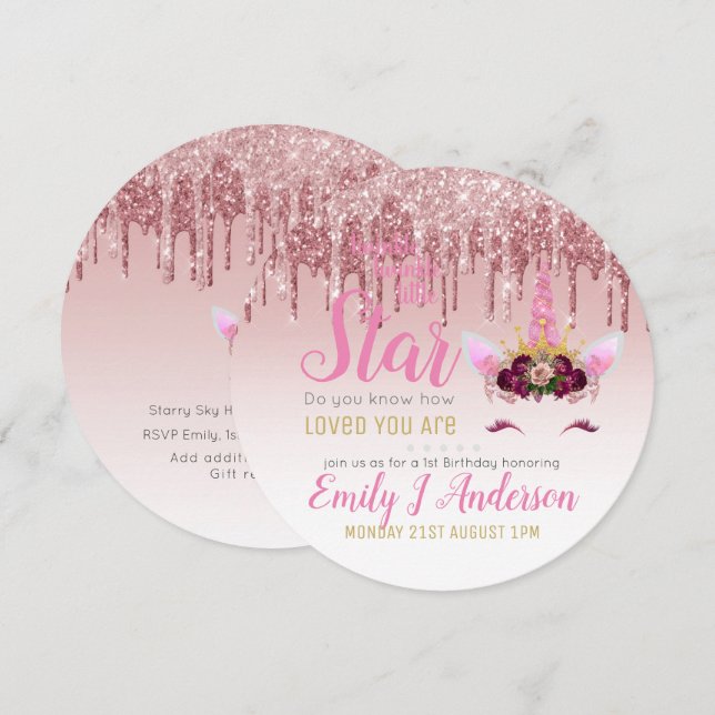 Invitation Twinkle Little Star Rose Gold rose Unicorn Parties (Devant / Derrière)