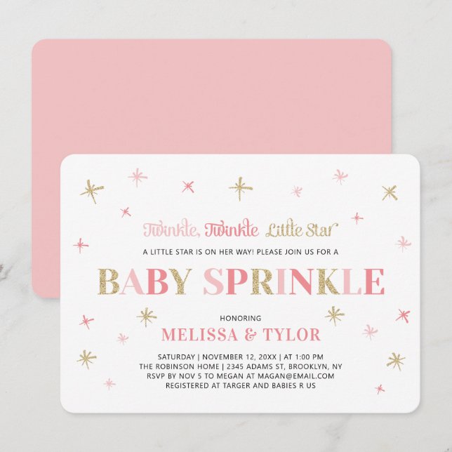 Invitation Twinkle Little Star Rose & Or Baby Sprinkle (Devant / Derrière)