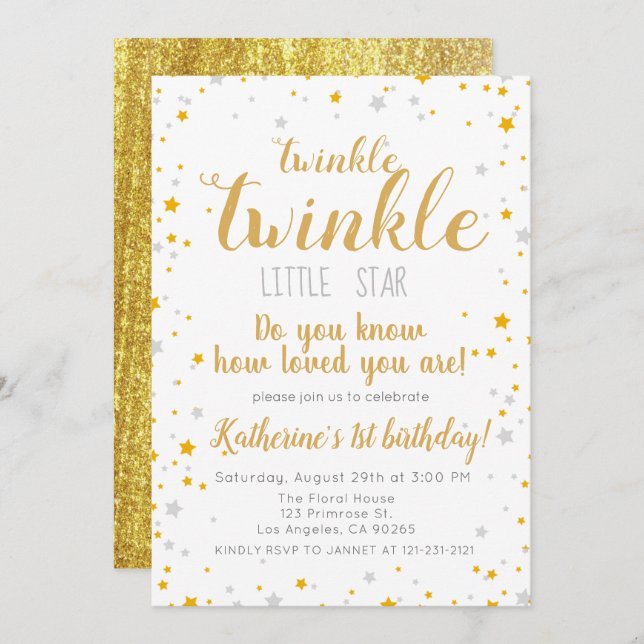 Invitation Twinkle Little Star Silver & Gold Girls Anniversai (Devant / Derrière)