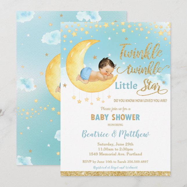 Invitation Twinkle Little Star Sleeping Baby shower garçon (Devant / Derrière)